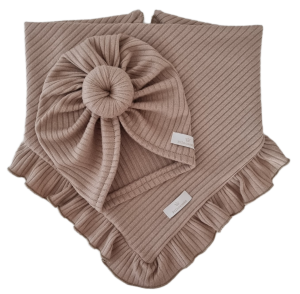 KOMPLET TURBAN POJEDYNCZY DONUT I CHUSTA Z FALBANKĄ sweterek prążek Ciemny Beż 