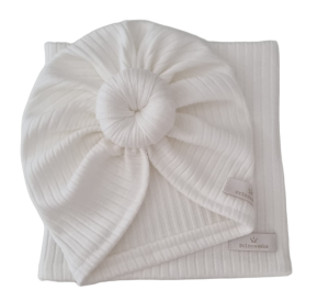 KOMPLET TURBAN DONUT I KOMIN sweterek prążek Ecru  