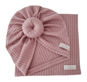 KOMPLET TURBAN DONUT I KOMIN sweterek prążek Pudrowy Róż 