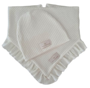 KOMPLET CZAPKA I CHUSTA Z FALBANKĄ sweterek prążek Ecru 