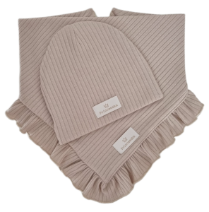 KOMPLET CZAPKA I CHUSTA Z FALBANKĄ sweterek prążek Jasny Beż 