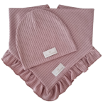 KOMPLET CZAPKA I CHUSTA Z FALBANKĄ sweterek prążek Pudrowy Róż 