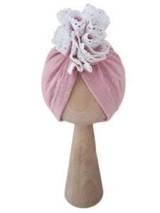 TURBAN MUŚLINOWY FALBANKA Z KORONKĄ Pudrowy Róż