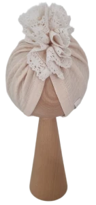 TURBAN MUŚLINOWY FALBANKA Z KORONKĄ Jasny Beż