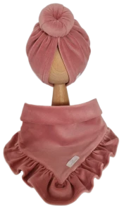 WELUROWY KOMPLET TURBAN POJEDYNCZY DONUT I CHUSTA Z FALBANKĄ Pastelowy Róż 