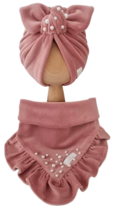 WELUROWY KOMPLET Z KORALIKAMI TURBAN PODWÓJNY I CHUSTA Z FALBANKĄ Pastelowy Róż