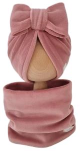 WELUROWY KOMPLET TURBAN KOKARDA I KOMIN Pastelowy Róż