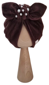 WELUROWY PODWÓJNY TURBAN Z KORALIKAMI Czekolada