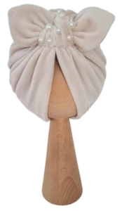 WELUROWY PODWÓJNY TURBAN Z KORALIKAMI Jasny Beż