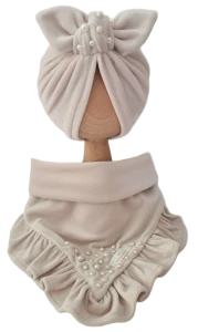 WELUROWY KOMPLET Z KORALIKAMI TURBAN POJEDYNCZY I CHUSTA Z FALBANKĄ Jasny Beż