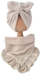 WELUROWY KOMPLET Z KORALIKAMI TURBAN PODWÓJNY I CHUSTA Z FALBANKĄ Jasny Beż