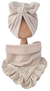 WELUROWY KOMPLET Z KORALIKAMI TURBAN PODWÓJNY I CHUSTA Z FALBANKĄ Jasny Beż