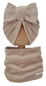 WELUROWY KOMPLET PODWÓJNY TURBAN KOKARDA I KOMIN Ciemny Beż