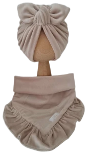WELUROWY KOMPLET TURBAN PODWÓJNY MOTYLEK  I CHUSTA Z FALBANKĄ Ciemny Beż