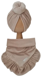 WELUROWY KOMPLET TURBAN POJEDYNCZY DONUT I CHUSTA Z FALBANKĄ Ciemny Beż