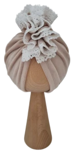 WELUROWY TURBAN FALBANKA Z KORONKĄ Ciemny Beż