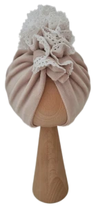 WELUROWY PODWÓJNY TURBAN FALBANKA Z KORONKĄ Ciemny Beż