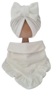WELUROWY KOMPLET TURBAN POJEDYNCZY KOKARDA I CHUSTA Z FALBANKĄ Ecru