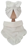 WELUROWY KOMPLET TURBAN POJEDYNCZY MOTYLEK I CHUSTA Z FALBANKĄ Ecru