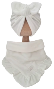 WELUROWY KOMPLET TURBAN POJEDYNCZY MOTYLEK I CHUSTA Z FALBANKĄ Ecru