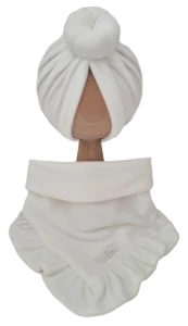 WELUROWY KOMPLET TURBAN POJEDYNCZY DONUT I CHUSTA Z FALBANKĄ Ecru