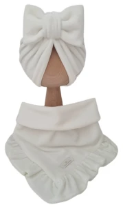 WELUROWY KOMPLET TURBAN PODWÓJNY KOKARDA  I CHUSTA Z FALBANKĄ Ecru