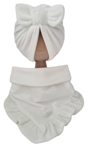 WELUROWY KOMPLET TURBAN PODWÓJNY MOTYLEK  I CHUSTA Z FALBANKĄ Ecru