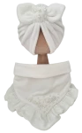 WELUROWY KOMPLET Z KORALIKAMI TURBAN POJEDYNCZY I CHUSTA Z FALBANKĄ Ecru