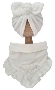 WELUROWY KOMPLET Z KORALIKAMI TURBAN POJEDYNCZY I CHUSTA Z FALBANKĄ Ecru