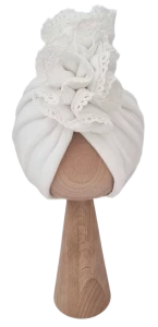 WELUROWY PODWÓJNY TURBAN FALBANKA Z KORONKĄ Ecru