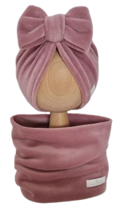WELUROWY KOMPLET TURBAN KOKARDA I KOMIN Brudny Róż