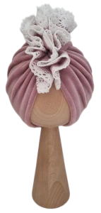 WELUROWY TURBAN FALBANKA Z KORONKĄ Brudny Róż