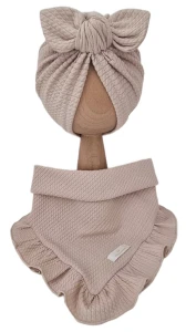JESIENNY KOMPLET TURBAN POJEDYNCZY MOTYLEK  I CHUSTA Z FALBANKĄ DZIANINA SOFT Beż
