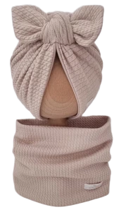 JESIENNY KOMPLET PODWÓJNY TURBAN MOTYLEK I KOMIN DZIANINA SOFT Beż