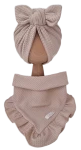 JESIENNY KOMPLET PODWÓJNY TURBAN MOTYLEK  I CHUSTA Z FALBANKĄ DZIANINA SOFT Beż