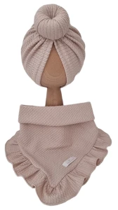 JESIENNY KOMPLET TURBAN POJEDYNCZY DONUT I CHUSTA Z FALBANKĄ DZIANINA SOFT Beż
