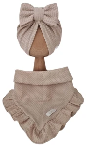 JESIENNY KOMPLET TURBAN POJEDYNCZY KOKARDA I CHUSTA Z FALBANKĄ DZIANINA SOFT Beż
