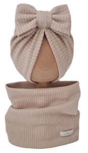 JESIENNY KOMPLET TURBAN KOKARDA I KOMIN DZIANINA SOFT Beż