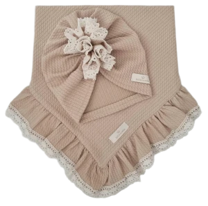 KOMPLET TURBAN POJEDYNCZY FALBANKA I CHUSTA Z FALBANKĄ - KORONKA DZIANINA SOFT Beż