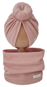 JESIENNY KOMPLET TURBAN DONUT I KOMIN DZIANINA SOFT Róż 