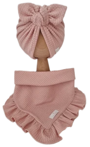 JESIENNY KOMPLET PODWÓJNY TURBAN MOTYLEK  I CHUSTA Z FALBANKĄ DZIANINA SOFT Róż