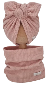 JESIENNY KOMPLET PODWÓJNY TURBAN MOTYLEK I KOMIN DZIANINA SOFT Róż