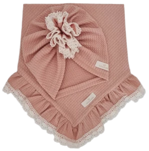 KOMPLET TURBAN POJEDYNCZY FALBANKA I CHUSTA Z FALBANKĄ - KORONKA DZIANINA SOFT Róż