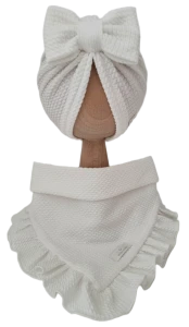 JESIENNY KOMPLET TURBAN POJEDYNCZY KOKARDA I CHUSTA Z FALBANKĄ DZIANINA SOFT Ecru