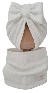 JESIENNY KOMPLET PODWÓJNY TURBAN KOKARDA I KOMIN DZIANINA SOFT Ecru