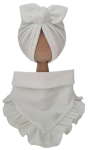 JESIENNY KOMPLET TURBAN POJEDYNCZY MOTYLEK  I CHUSTA Z FALBANKĄ DZIANINA SOFT Ecru