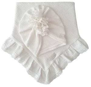 KOMPLET TURBAN POJEDYNCZY FALBANKA I CHUSTA Z FALBANKĄ - KORONKA DZIANINA SOFT Ecru