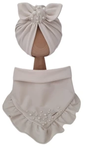 KOMPLET Z KORALIKAMI TURBAN POJEDYNCZY I CHUSTA Z FALBANKĄ Śmietankowy