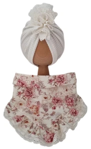 KOMPLET TURBAN POJEDYNCZY FALBANKA Z KORONKĄ Dzianina Soft Ecru I CHUSTA Z FALBANKĄ I KORONKĄ Jesienne Kwiatki