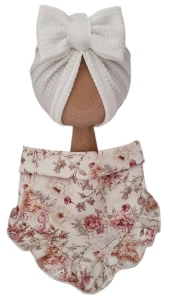 JESIENNY KOMPLET TURBAN POJEDYNCZY KOKARDA Soft Ecru I CHUSTA Z FALBANKĄ Jesienne Kwiatki